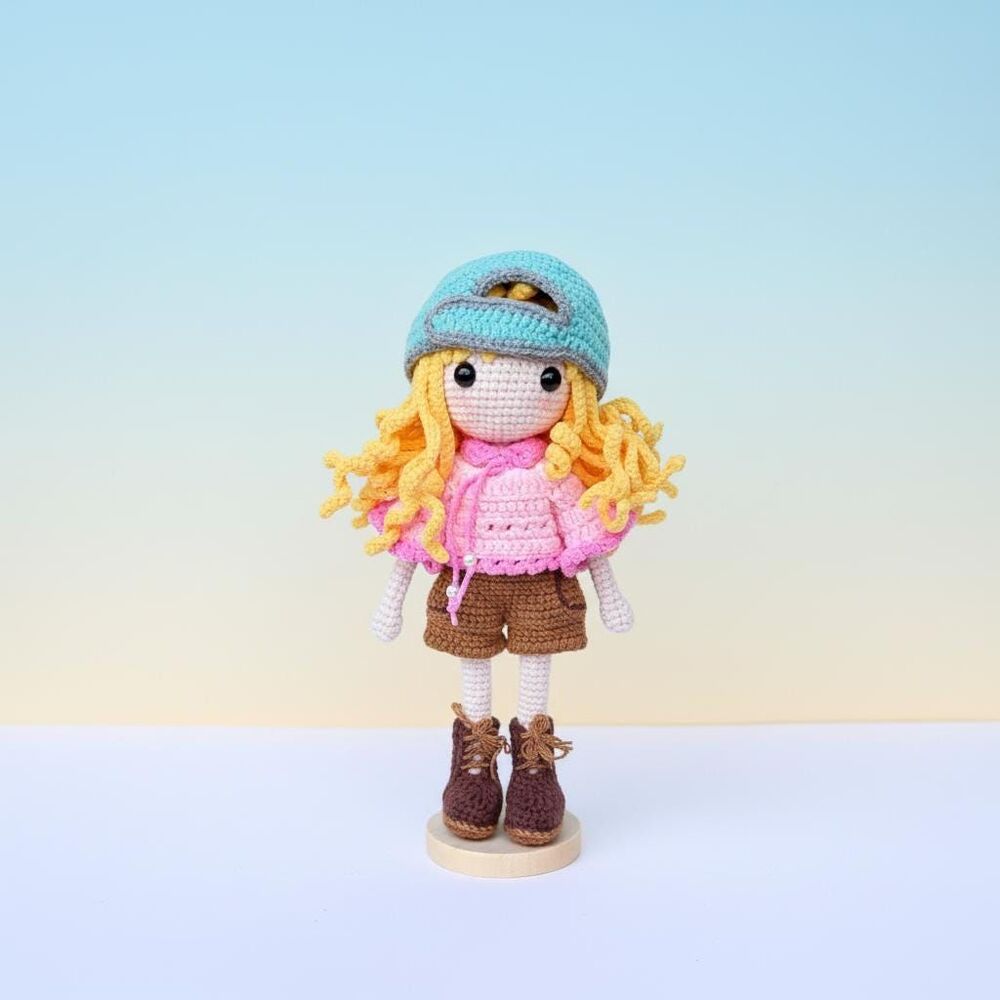 Crochet Skater Girl Doll – 8” Amigurumi Blonde with Cap – Handmade Room Decor